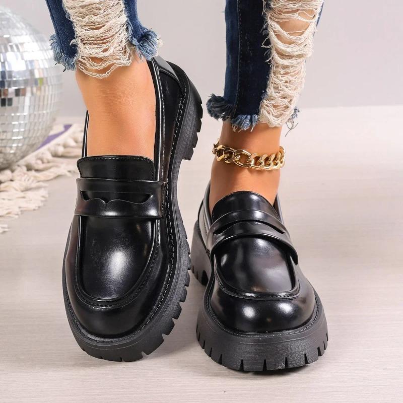 Casual Platform Loafers Woman 2026 British Style Black Brown PU Leather Shoes for Women Comfort Slip On Flats Plus Size