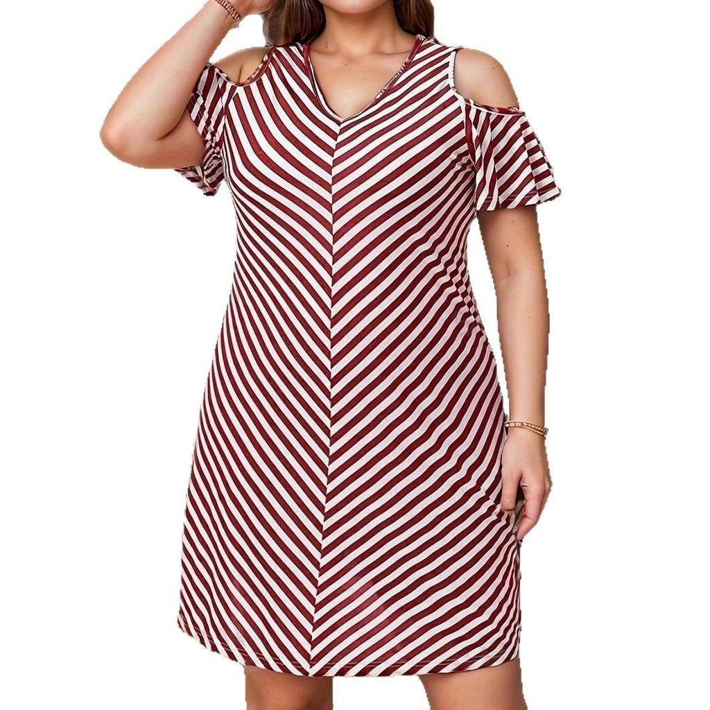 2025 Summer Women's Plus Size Off-the-Shoulder Striped Casual Dress