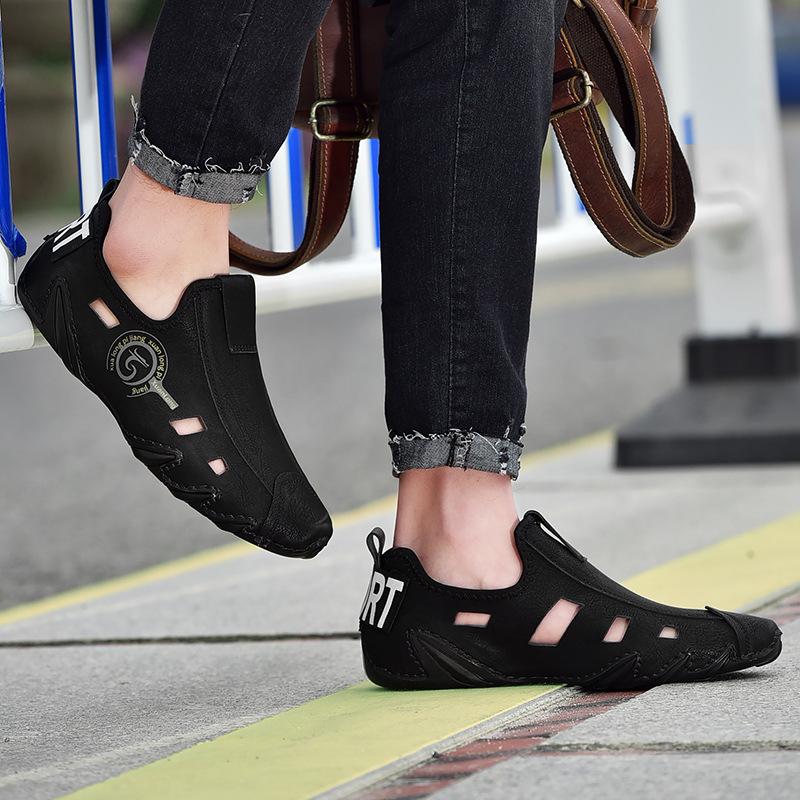 Erkek Spor Ayakkabıları Büyük Beden Yumuşak Tabanlı Lazy Hollow Deri Ayakkabılar ve Fasulye Ayakkabılar