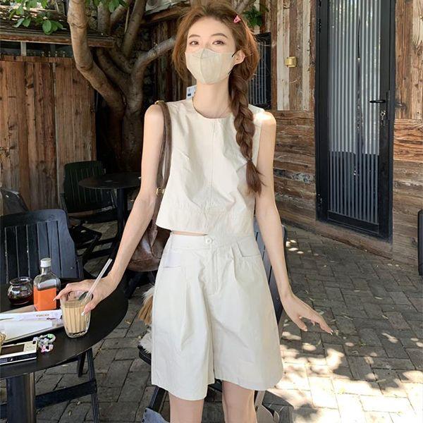 2026 Women's Casual Suit: Loose Vest Top & High-Waist Wide-Leg Shorts Two-Piece Set for Summer