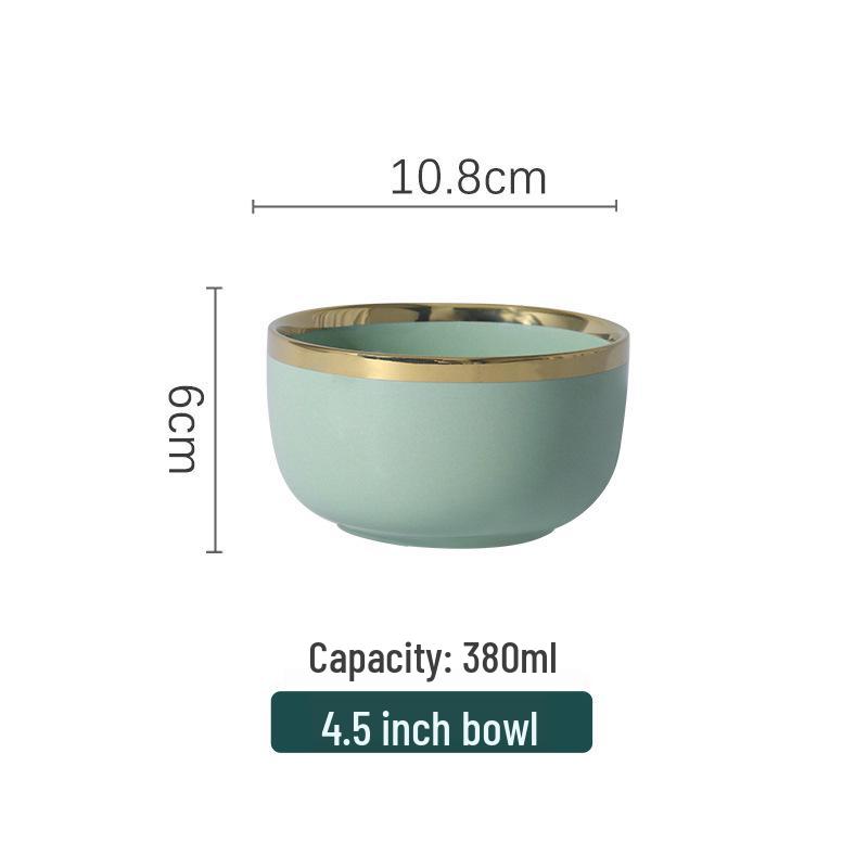Set de Veselă Ceramică Nordică de Lux cu Margine Aurie: Farfurii, Boluri și Linguri.