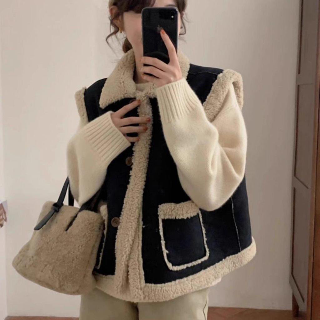 Women's Autumn/Winter Casual Suede Lambswool Vest - Sleeveless, Thick, Turn-Down Collar, Korean Style