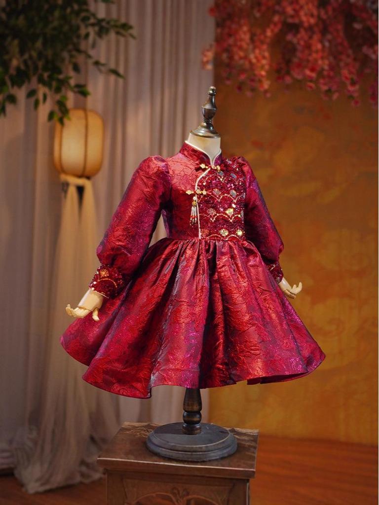 Girls' Velvet Long-Sleeve Warm Princess Dress for Chinese New Year