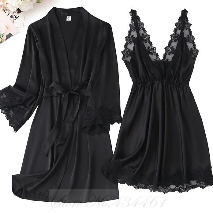 Black Lace Trim 2PCS Robe Nightgown Set Spring Summer Women Sleepwear Nightdress Sexy Bathrobe Underwear Loose Satin Home Wear