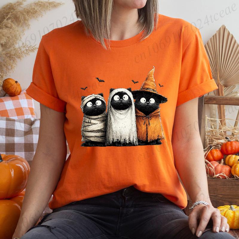 Womens New Fashion Clothes Tshirt Halloween Cat Graphic T Shirts Tops Witch Cats Pumpkin Harajuku Vintage Tee Shirts Clothes