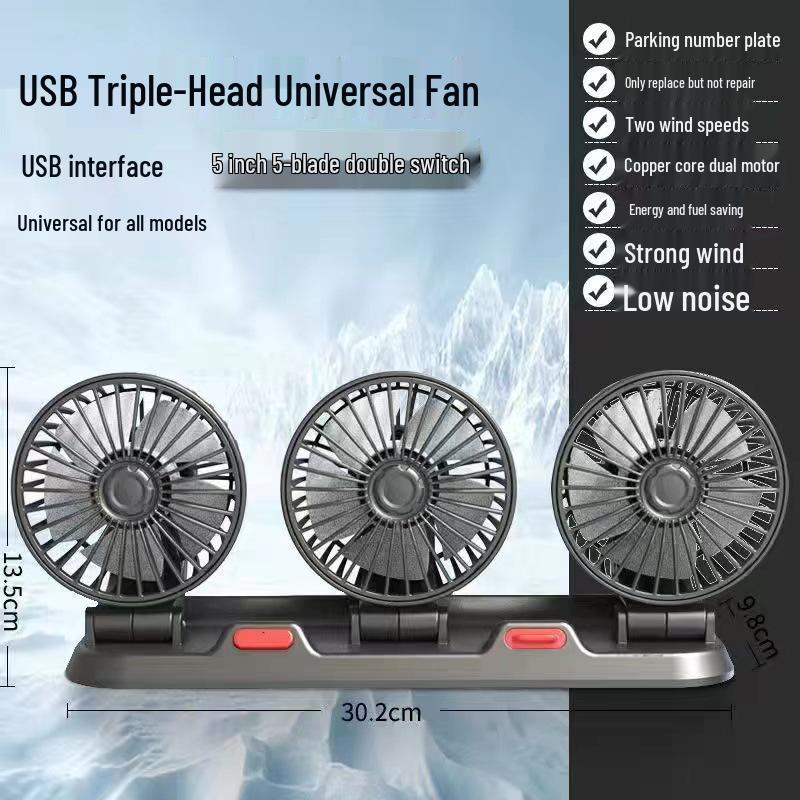 Powerful Silent 3-Head USB Car Fan, 24V for Trucks, 12V for Vans