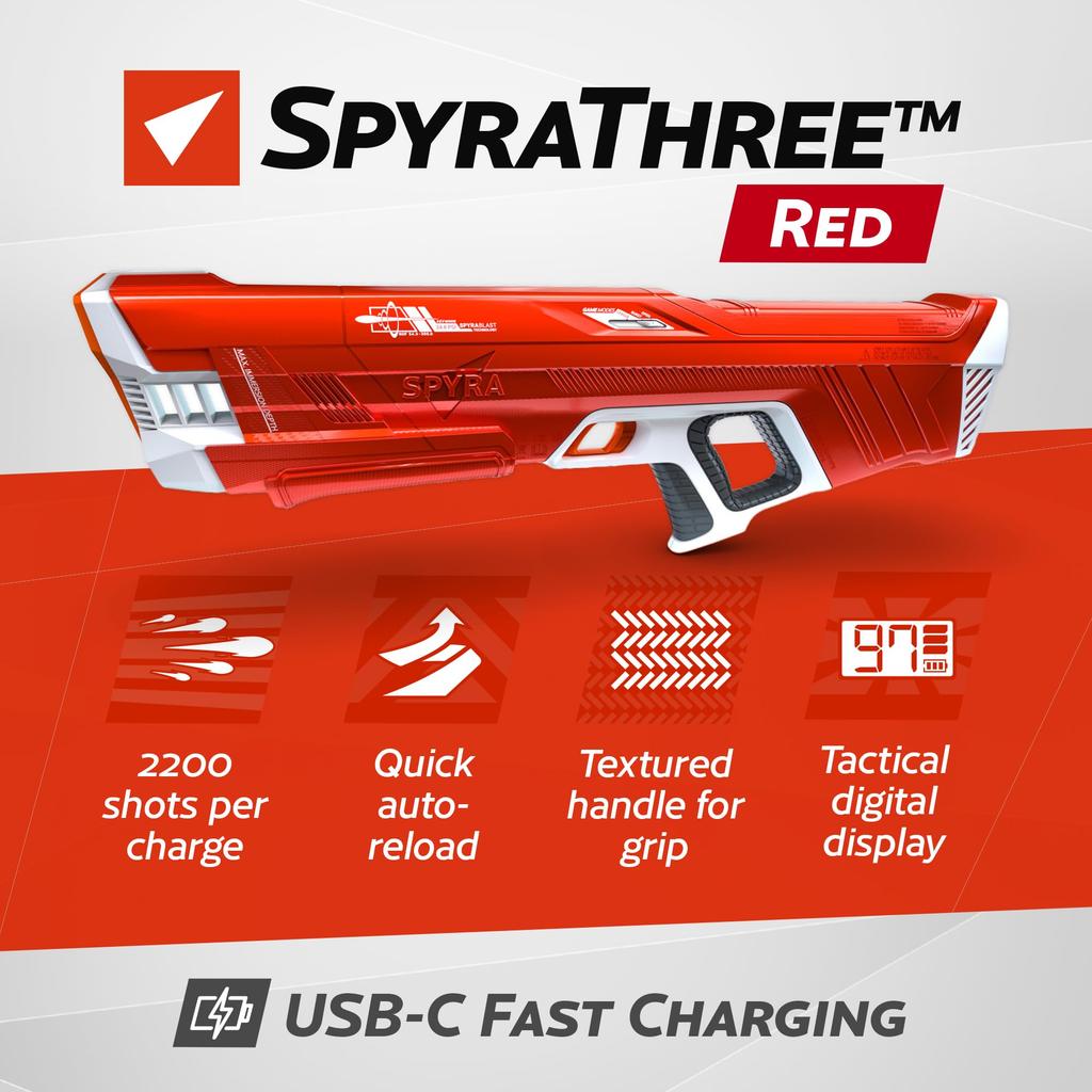Pistol cu apă electric Spyra, SpyraThree, Încărcare simplă, Încărcare triplă, Fără limită, Rază super puternică (10-15m), Jucărie de apă, Bătălie cu pistoale cu apă, Plajă, Piscină,