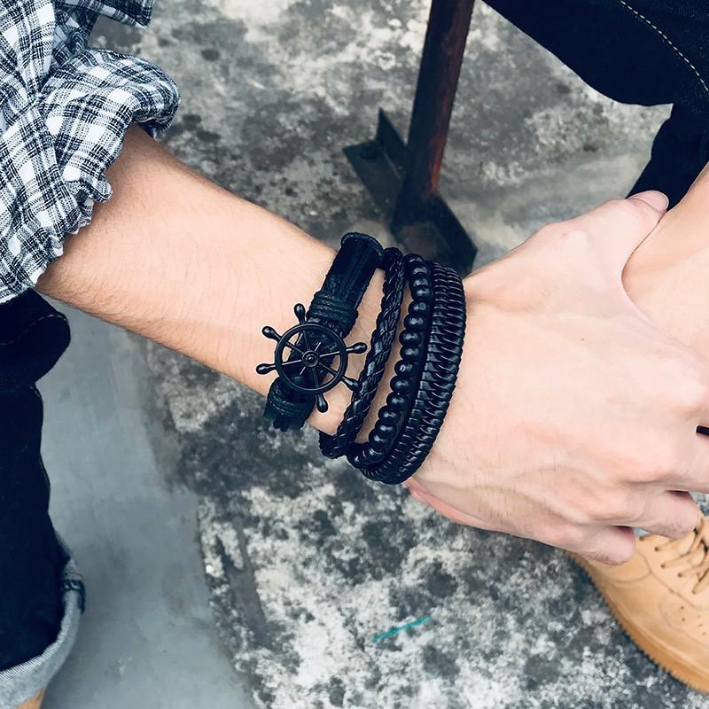 Vnox Mix 4Pcs/ Set Braided Wrap Leather Bracelets for Men Women Vintage Wooden Beads Ethnic Tribal Wristbands Bracelet Rudder