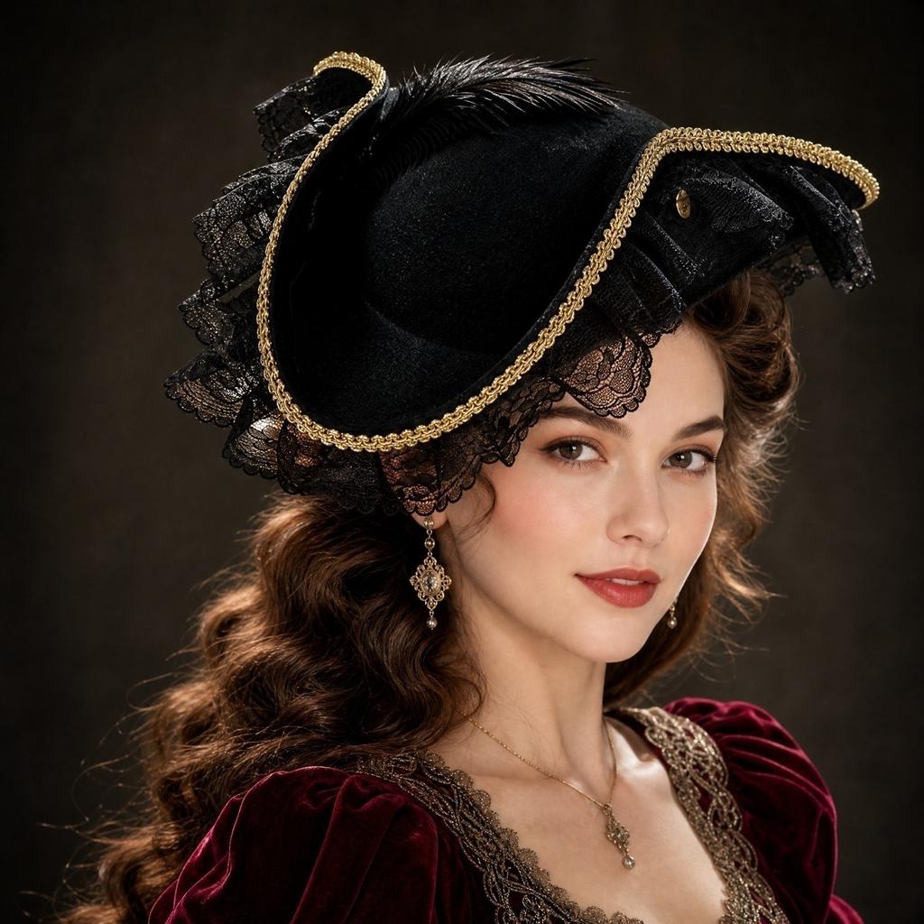 Cappello Tricorno da Festa Retrò con Bordi di Pizzo e Piuma per Accessori in Costume