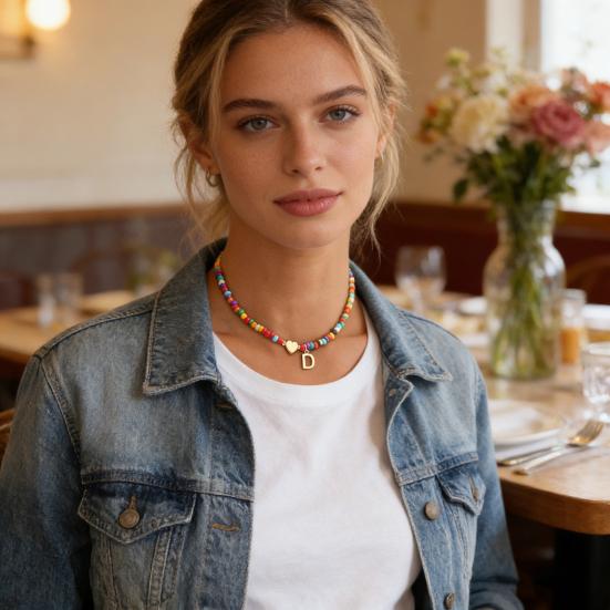 Colier Guler cu Mărgele Femei Colier cu Mărgele Colorate Colier cu Pandantiv cu Inițială Guler cu Inițială în Formă de Inimă Cadou de Ziua de Naștere pentru Fete Soție Prietenă