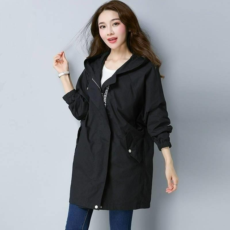 Hooded Zipper Windbreaker Women's Spring and Autumn Fat Mm Plus Fat Slimming Top Women's Mid-length Jacket