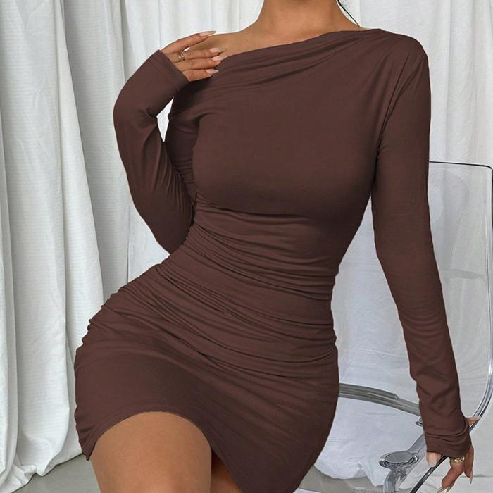 Women Spring Autumn Skew Collar Long Sleeve Bodycon Evening Party Package Hip Dress