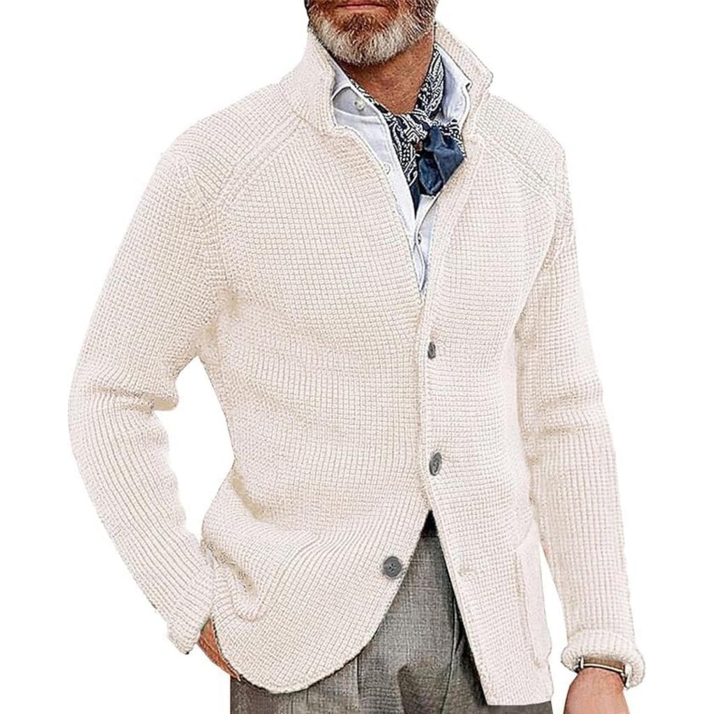 Men's Casual And Trendy Solid-color Warm Sweater Jacket, Men's Long-sleeved Button-up Stand-up Neck Knitted Sweater