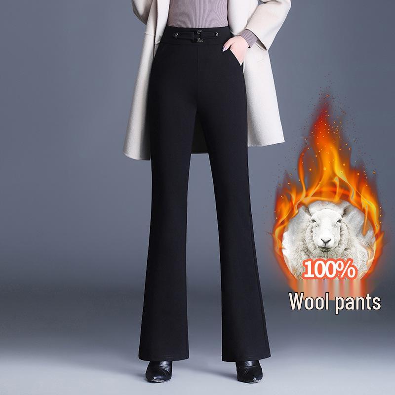 High-Waisted Wool-Cotton Flare Pants - Plus Size, Extra Thick, Cold-Resistant, Elegant Winter Wear 7XL чёрный