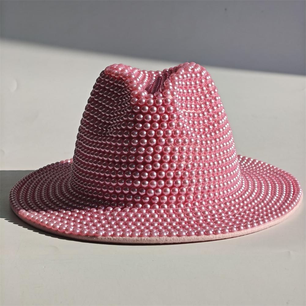 Blue/Beige Pearl Fedora Hat Bling Fedora Jazz Hats For Men And Women Handmade Advanced Fashion Outdoor Party Stage Hat