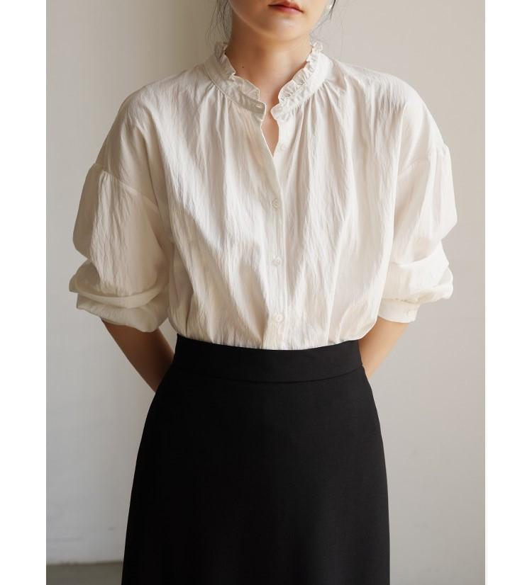 Early Autumn French Pleated Ruffle Stand Collar White Shirt for Women