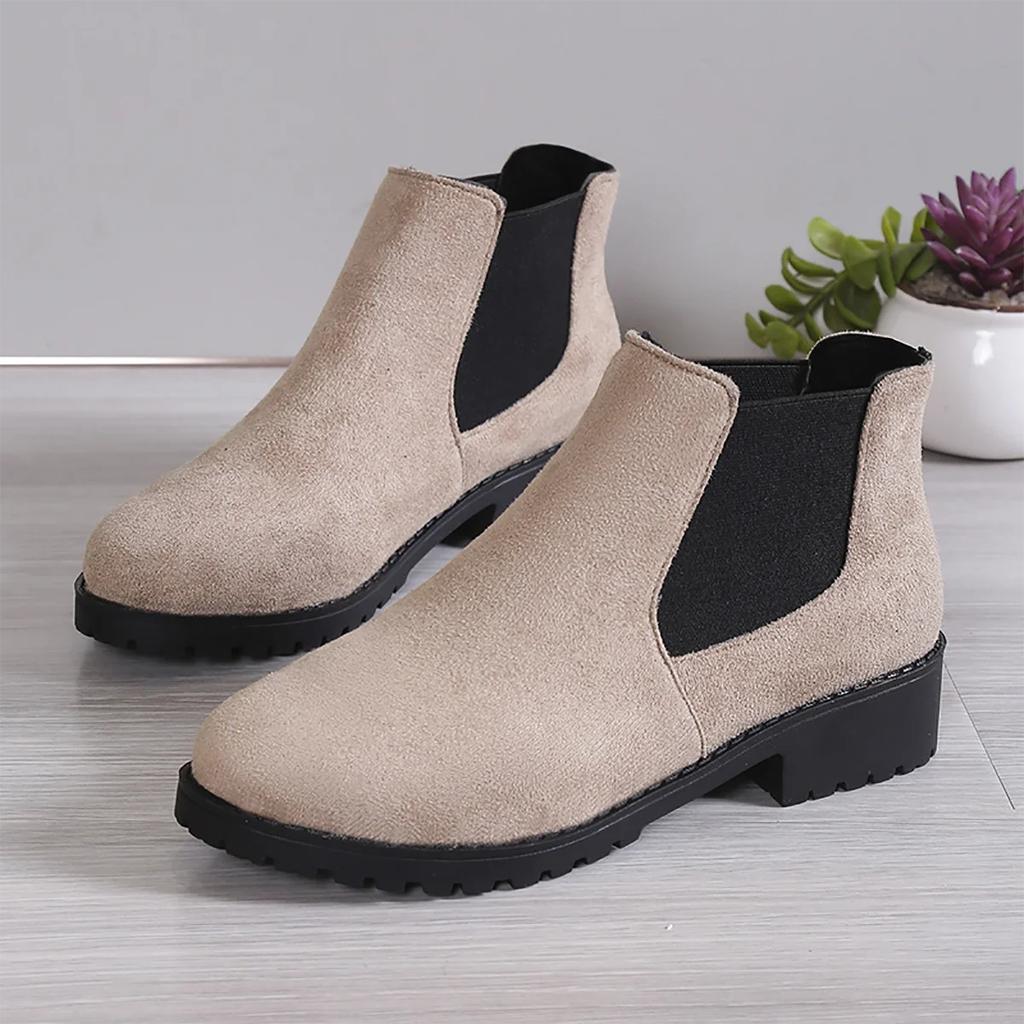 Women's Casual Fashion Round Toe Chunky Heel Suede Ankle Boots With V-cut, 7cm Heels For Work And Anti-slip Outfits