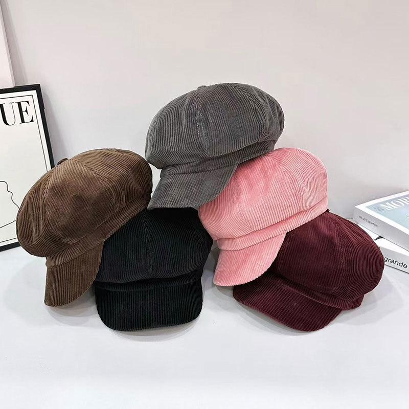 Jesień i Wiosna Retro Jednokolorowy Sztruksowy Beret Damski Koreański Wszechstronny Ośmiokątny Kapelusz Retro Beret z Daszkiem