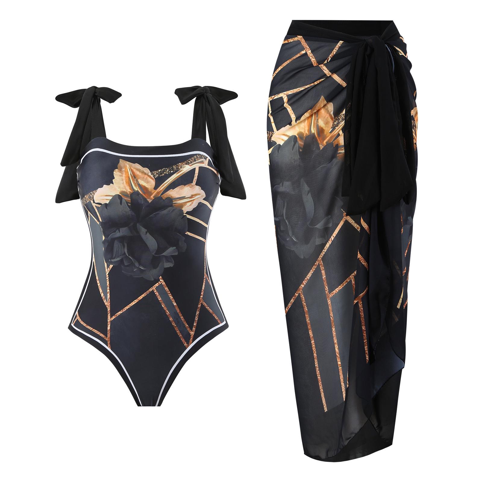 

Новий двосторонній купальний набір з європейським та американським шифоновим принтом: Жіночий суцільний купальник з консервативною спідницею-запахом Small