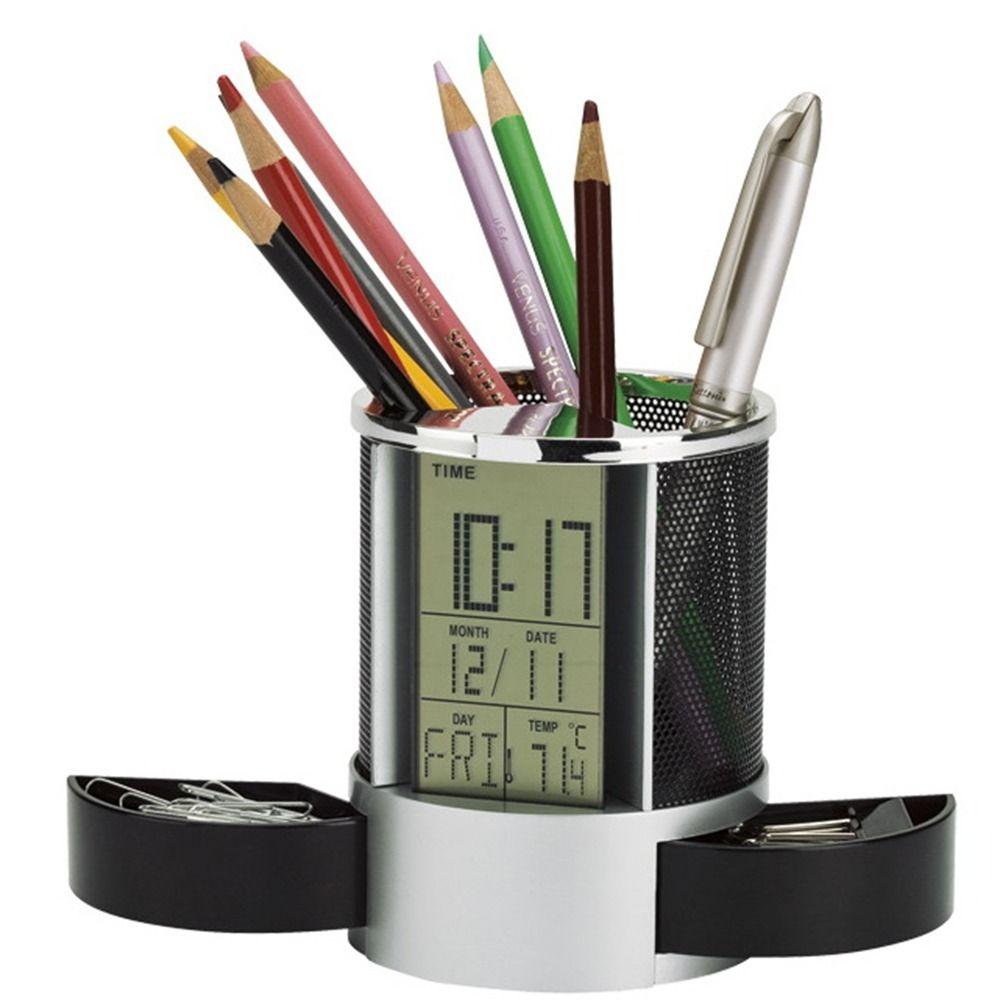 

Time Display Electronic Pencil Organizer Digital LCD Alarm Clock Desktop Container Home чорний