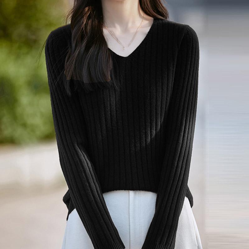 Frauen Pullover Pullover 2025 Herbst Winter Langarm V-ausschnitt Schwarz Gestrickte Pullover Frauen Tops Pullover JJ122