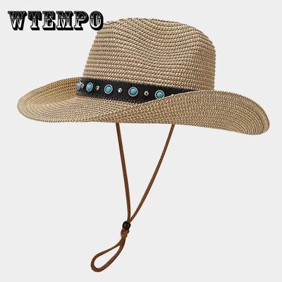 Boho Braided Chain Cowboy Hat Vintage Breathable Sunshade Straw Hat Unisex Sun Hats Travel Beach Cap for Women Men
