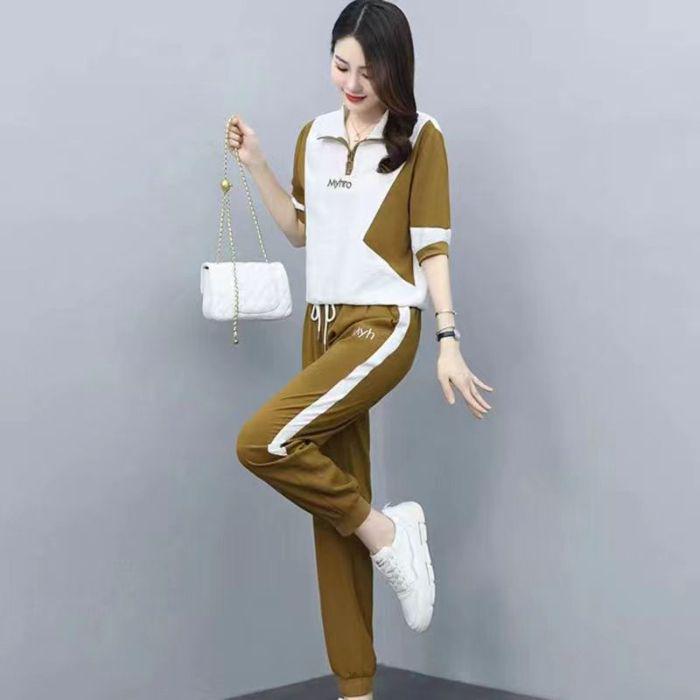 2025 Summer Women's Loose Running Suit - Short Sleeve Stand-up Collar Two-Piece Set