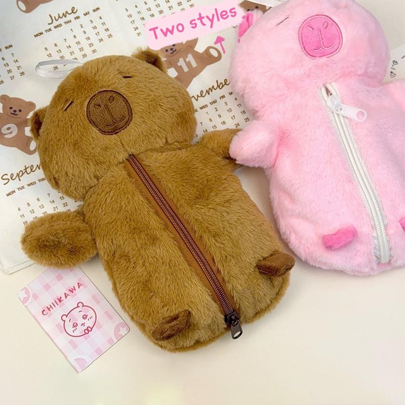 1Pc Cartoon Animal Pen Bag Multifunction Plush Capybara Pencil Case Pen Storage Bag Large Capacity Stationery Pouch
