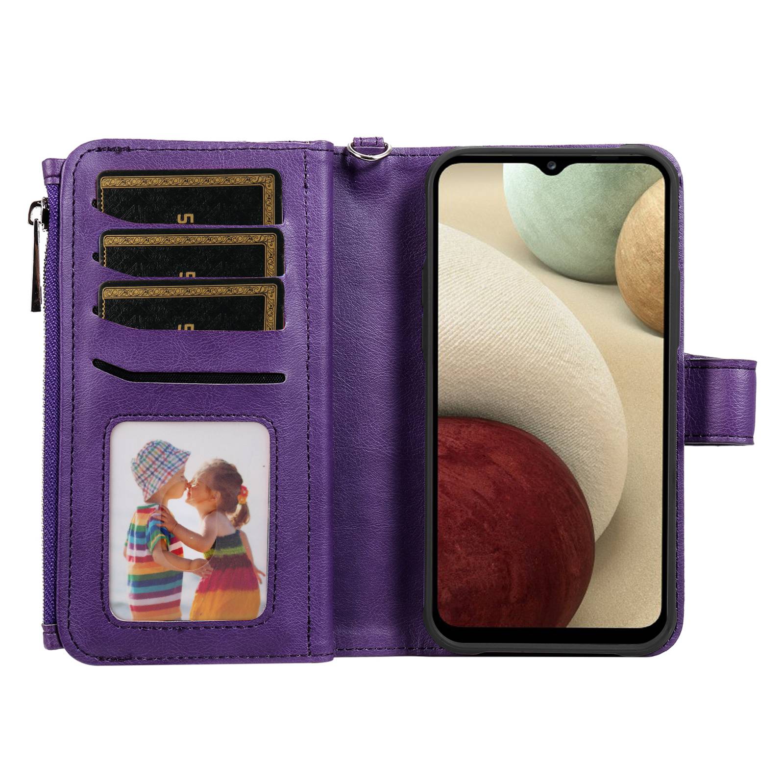 

For Samsung Galaxy A12 Magnetic Leather Case Mobile Cover with Detachable Zipper Wallet Strap Purple