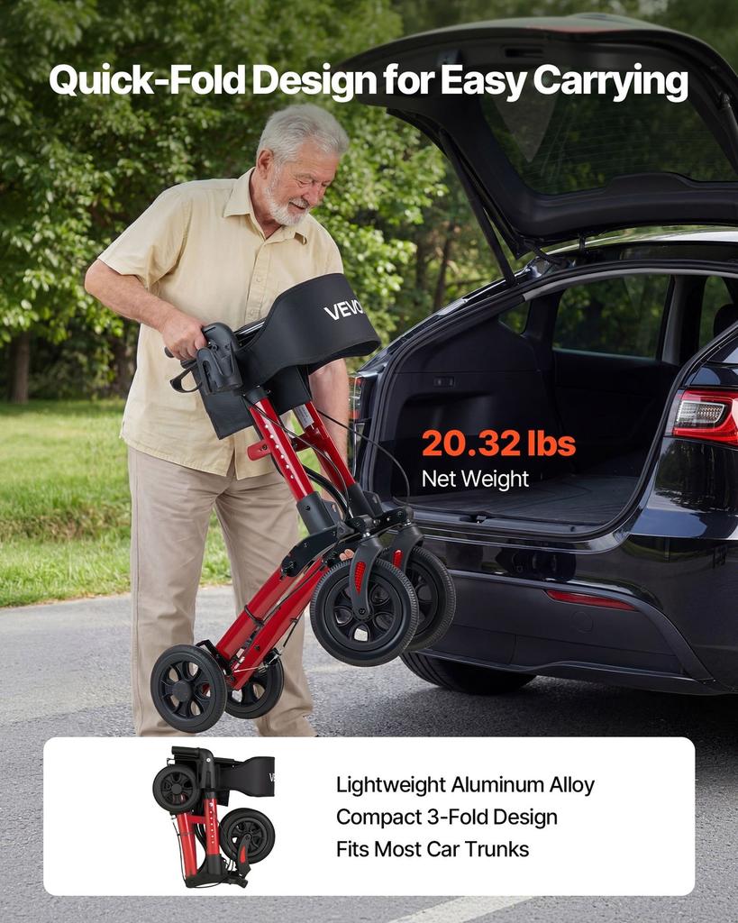 Rollator Walker with Seat for Seniors, Ultra Compact 3-Fold Rolling Walker, Lightweight Aluminum Mobility Walking Aid with PU Solid Wheels, Adjustable