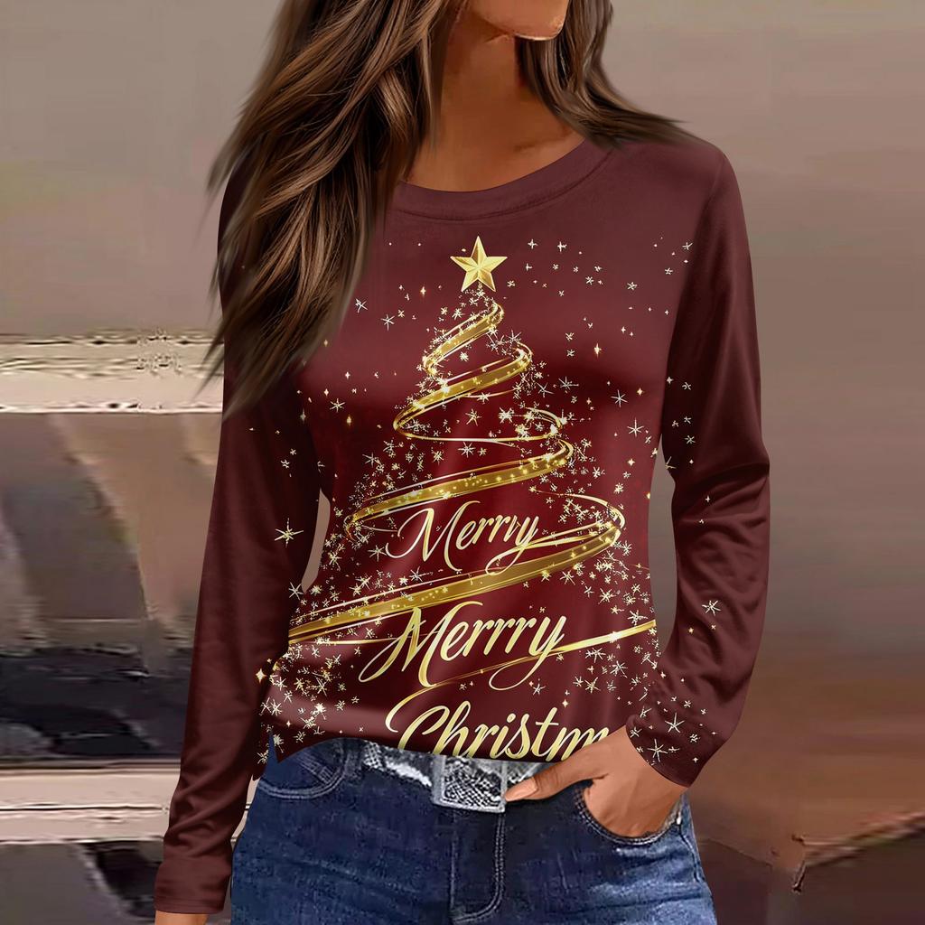 Women's Fashion Casual Slit Hem Round Neck Long Sleeve Loose Christmas Printed T-Shirt Ladies Top