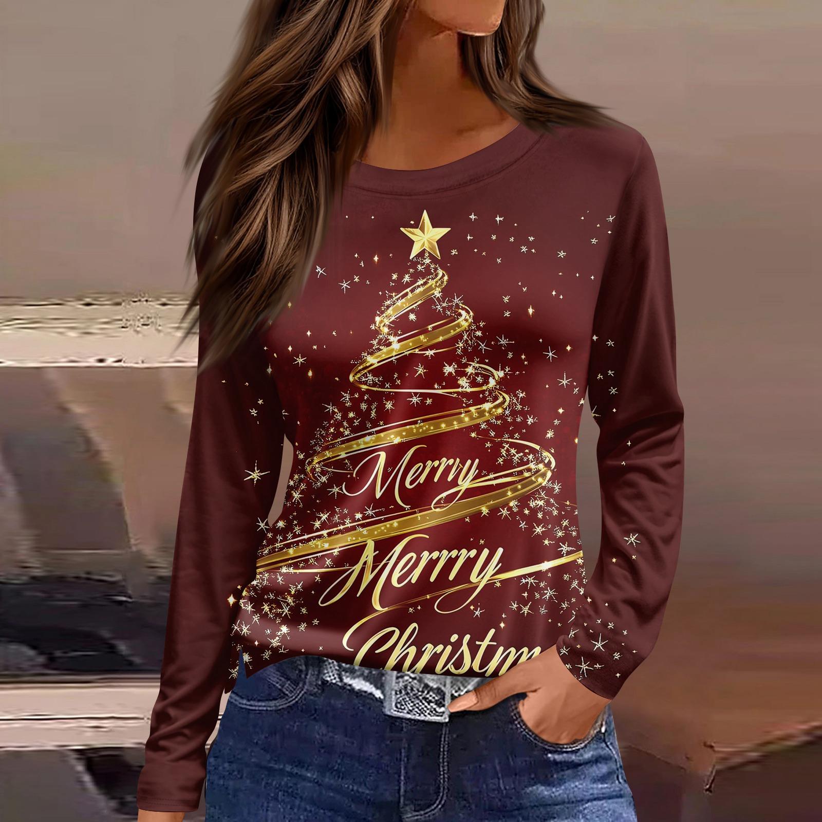 

Women s Fashion Casual Slit Hem Round Neck Long Sleeve Loose Christmas Printed T-Shirt Ladies Top S