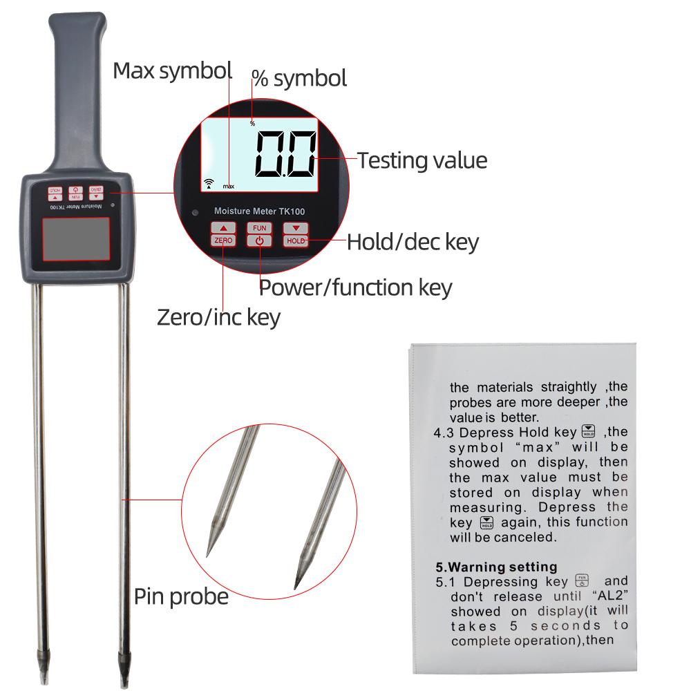 TK100 Portable Digital Grain Moisture Meter Corn Rice Soybean Peanut Sorghum Soil Humidity Hygrometer Tester with Measuring Prob
