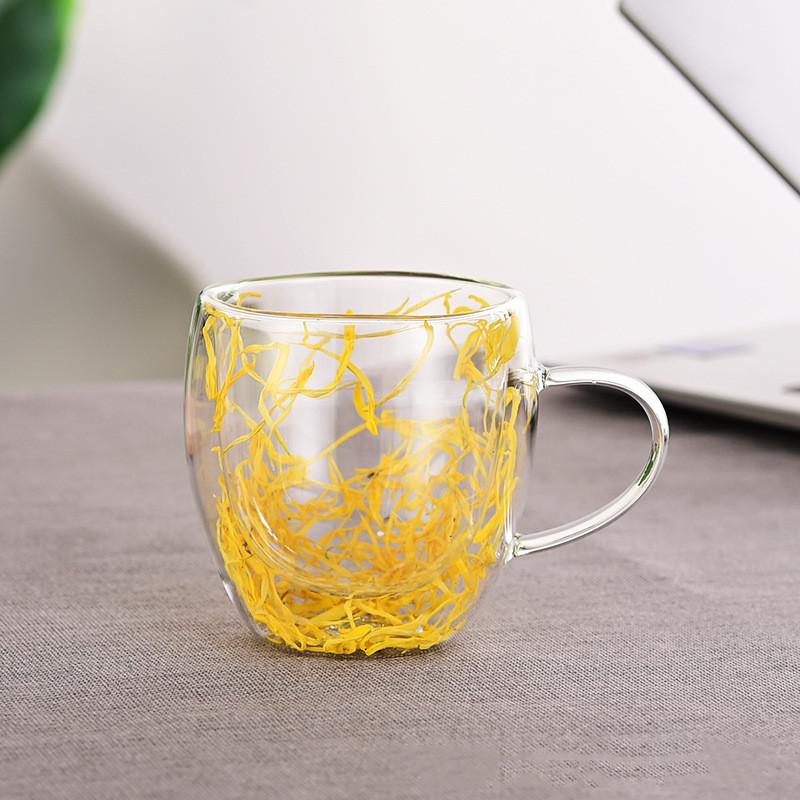250ml Double Wall Coffee Mug Flower Filler Glass Cups Tea Coffee Cup With Handles Heat Resistant Mug Gift