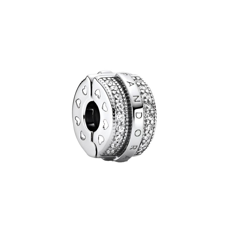 Pandora Shiny logo heart pattern decoration, pavé lines, fixed clip, 925 silver charm, women s style 799042C01 серебряный