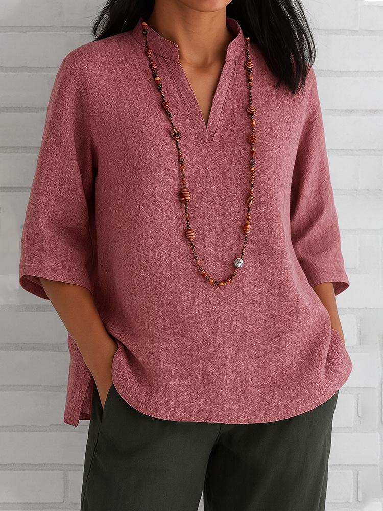 2026 European & American Women's V-Neck, 3/4 Sleeve Cotton Linen Loose Casual Top