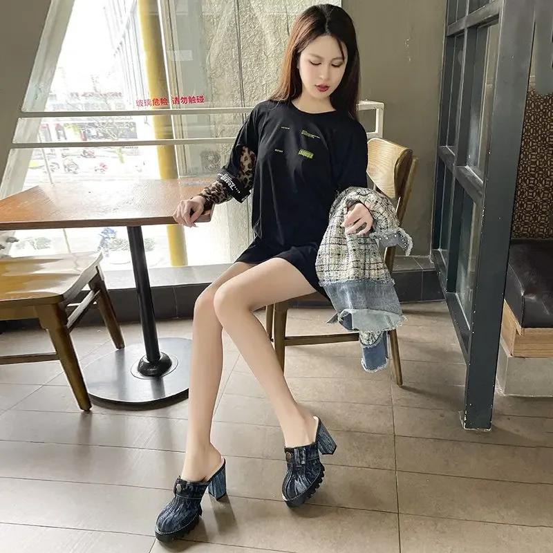 Fashion 2024Women Sexy High Heel Slippers Thick-heeled Denim Ripped Toe Head Slippers Height Increasing Toe Shoes