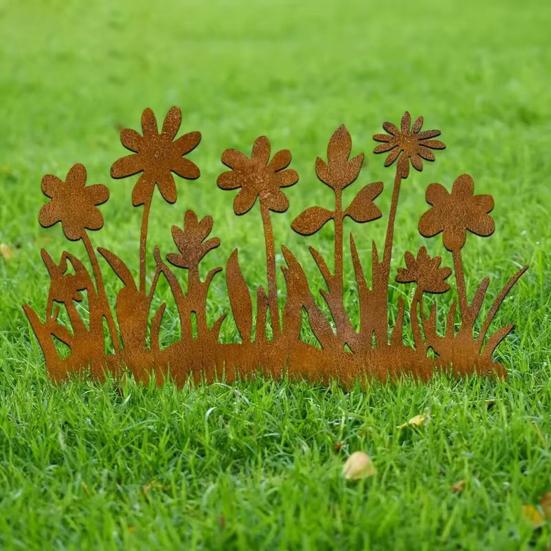 Rostige Blumenbeet-Stange Dekoration Wetterfest Innen Außen Hof Rasen Terrasse Weg Metall Blumen-Silhouette Schild Stange Ornament