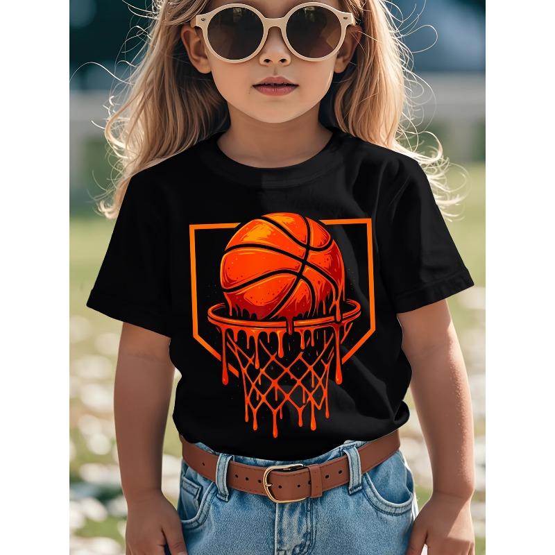Kids Crewneck Short Sleeve Tee, Red Basketball Drip Print