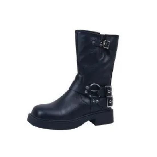 Gothic Buckle Platform Ankle Boots Women Combat Boots with Studs Winter Brown Mid-calf Boots for Women Motorcycle Botas Mujer