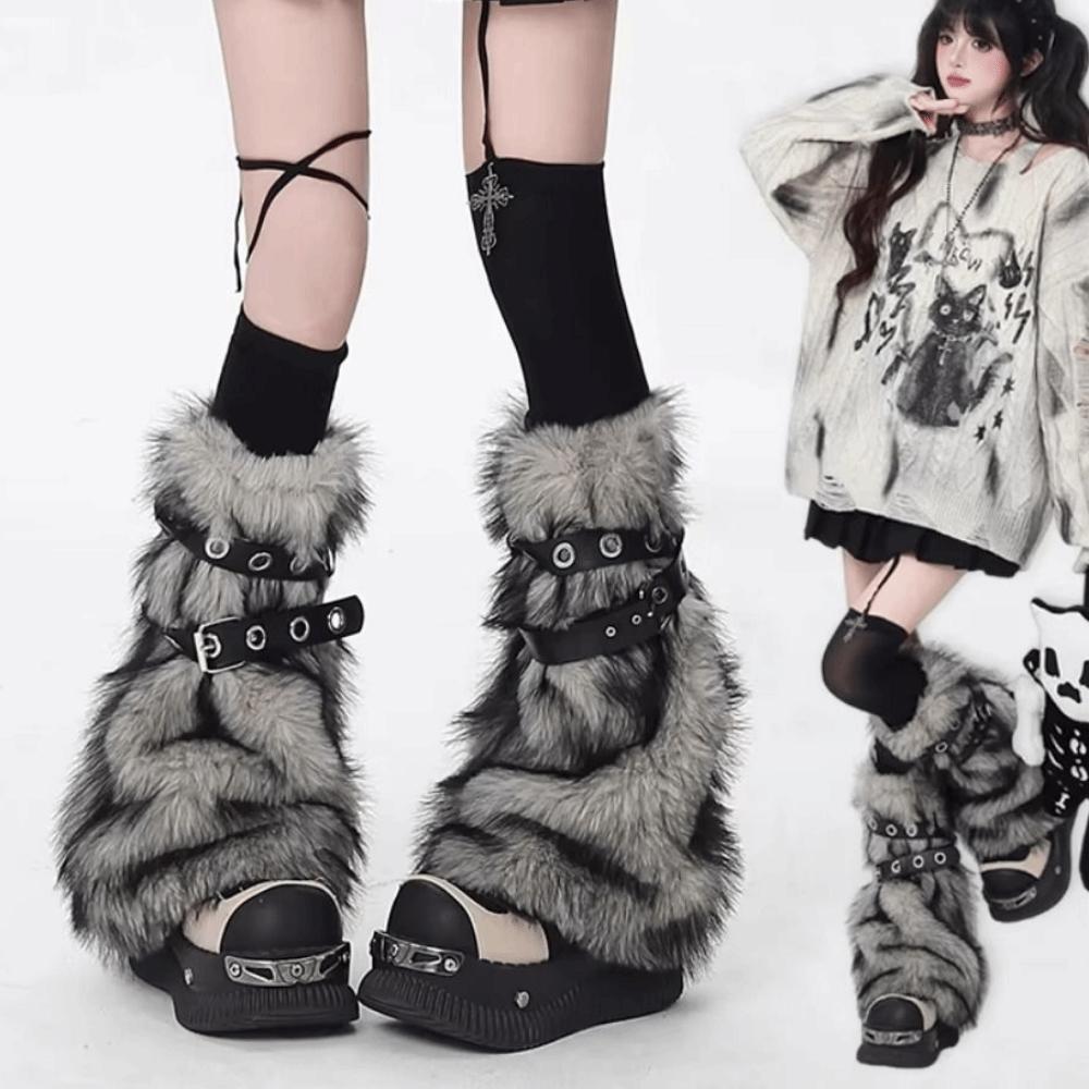 Y2K Faux Fur Leg Warmers Super Soft Fuzzy Boot Cuffs Fashion Faux Furry Belt Halloween Party