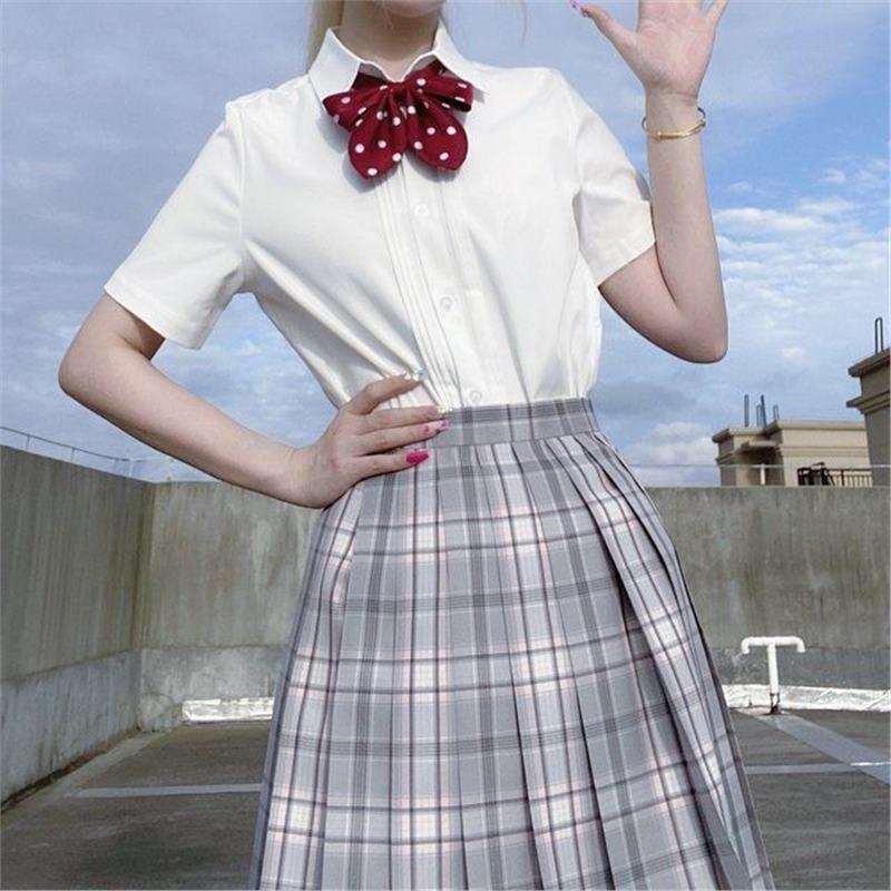 Short Sleeve White Square Neck Pleated Shirt - Original, Versatile JK Uniform Style Top