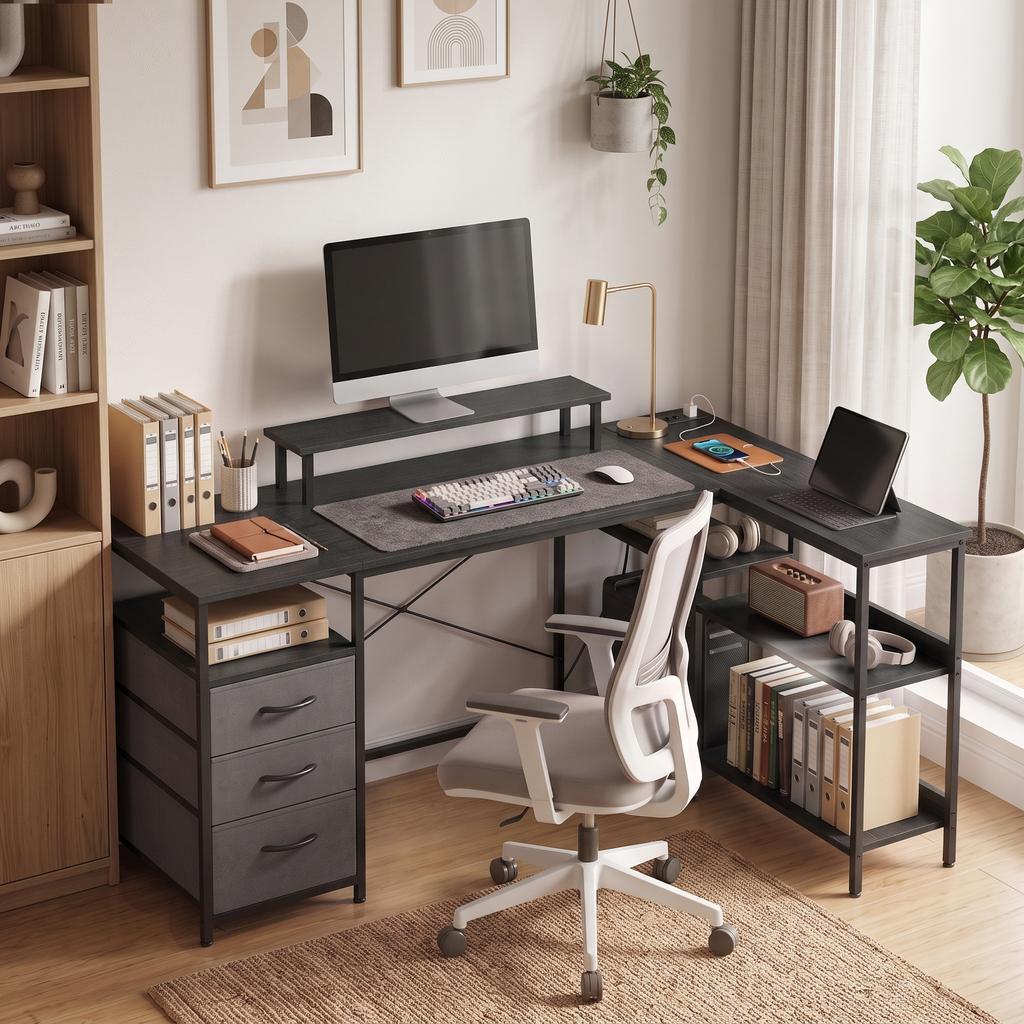 L-Shaped Desk, Reversible Corner Desk with Drawers and Shelves, 170 cm, Black