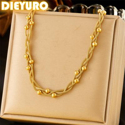 DIEYURO 316L Stainless Steel Three-layer Weaving Lucky  Bead Necklace Womens New Exquisite Little Bead Neck Chain Zircon Gift