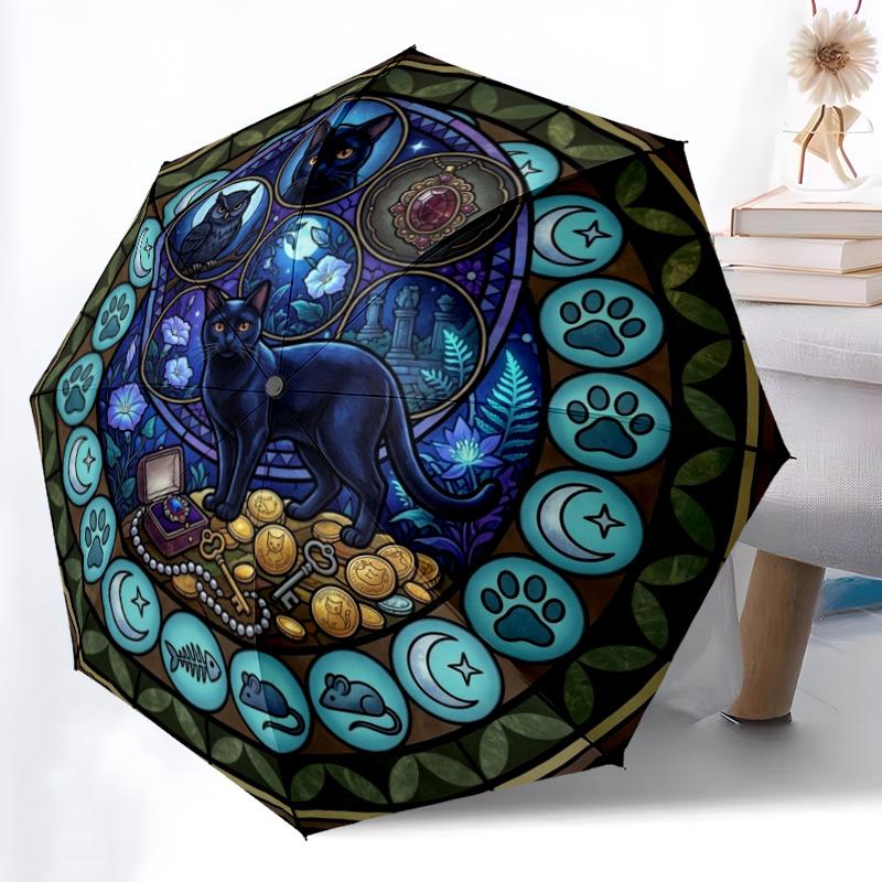 Night Cats Treasure pattern umbrella, portable and foldable design, 8 ribs, a casual accessory for Halloween, Christmas, and birthday gifts.