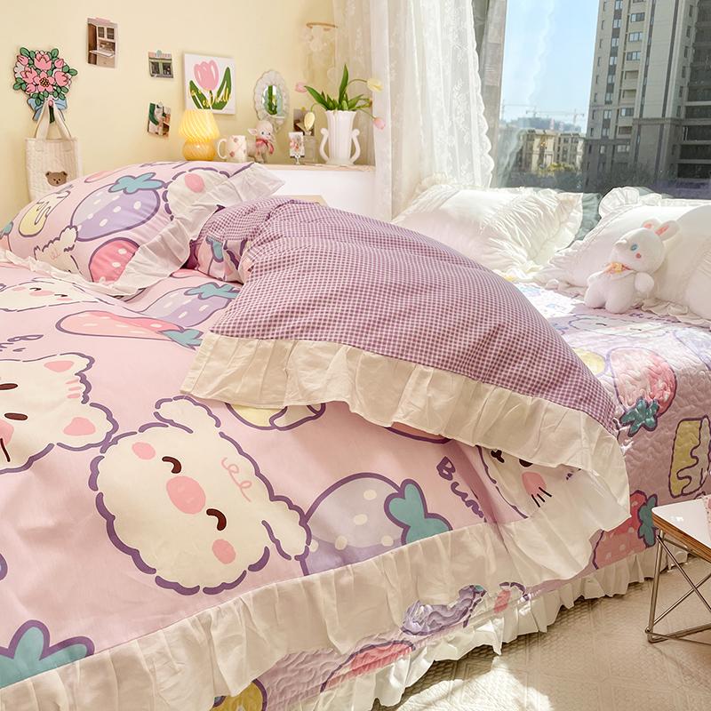 Botanical Floral and Cartoon Rabbit Duvet Cover 3pcs Kawaii Pink Bedding Set For Girl Teen 100% Cotton Farmhouse Comforter Cover