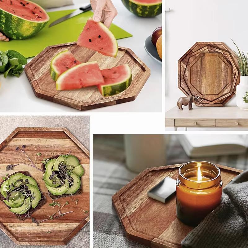 Wooden Octagonal Tray, Cooked Food Platter Acacia Wood Pot Tray Creative Coaster Decorative Dinner Plate Coffee Coaster