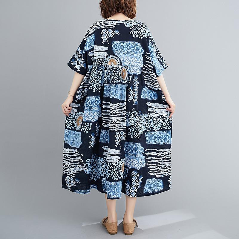 Summer New Cotton and Linen Large Size Literary and Retro Loose and Thin Short-sleeved Big Swing Dress Women