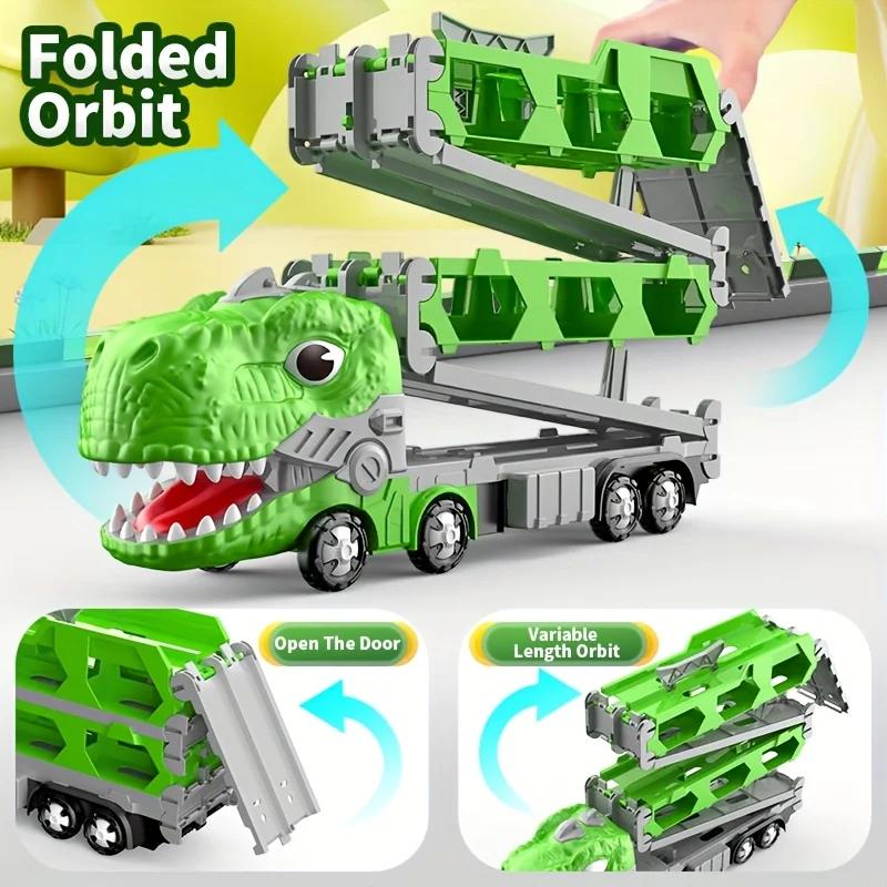 Dinosaur Large Car Toy T-Rex Truck Transforming Carrier Truck Race Track Foldable Truck With Racing Car Birthday Gift For Boys