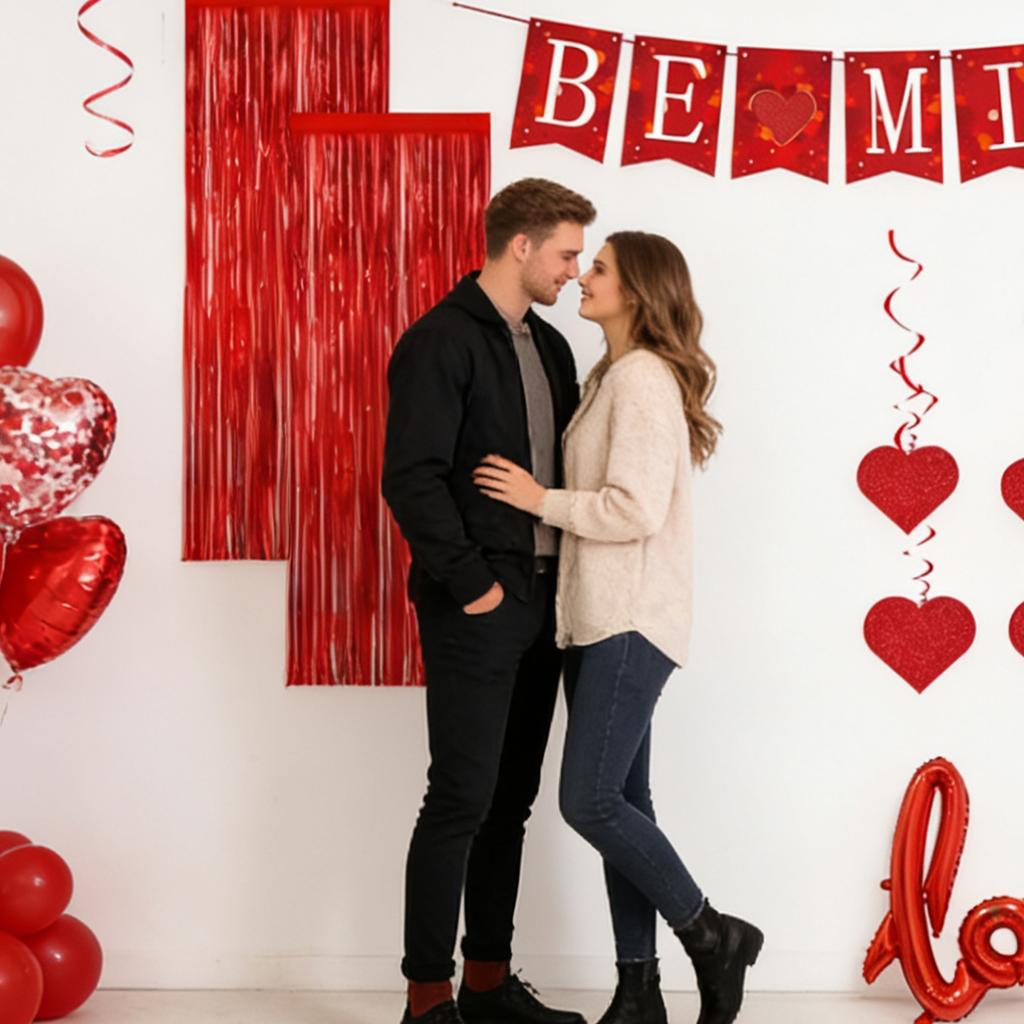 Dekorationen für eine Party zum Valentinstag, hängende Ornamente in Herzform, Banner, Party-Szenenaufbau, Luftballons, Papierblumen und Pompons.
